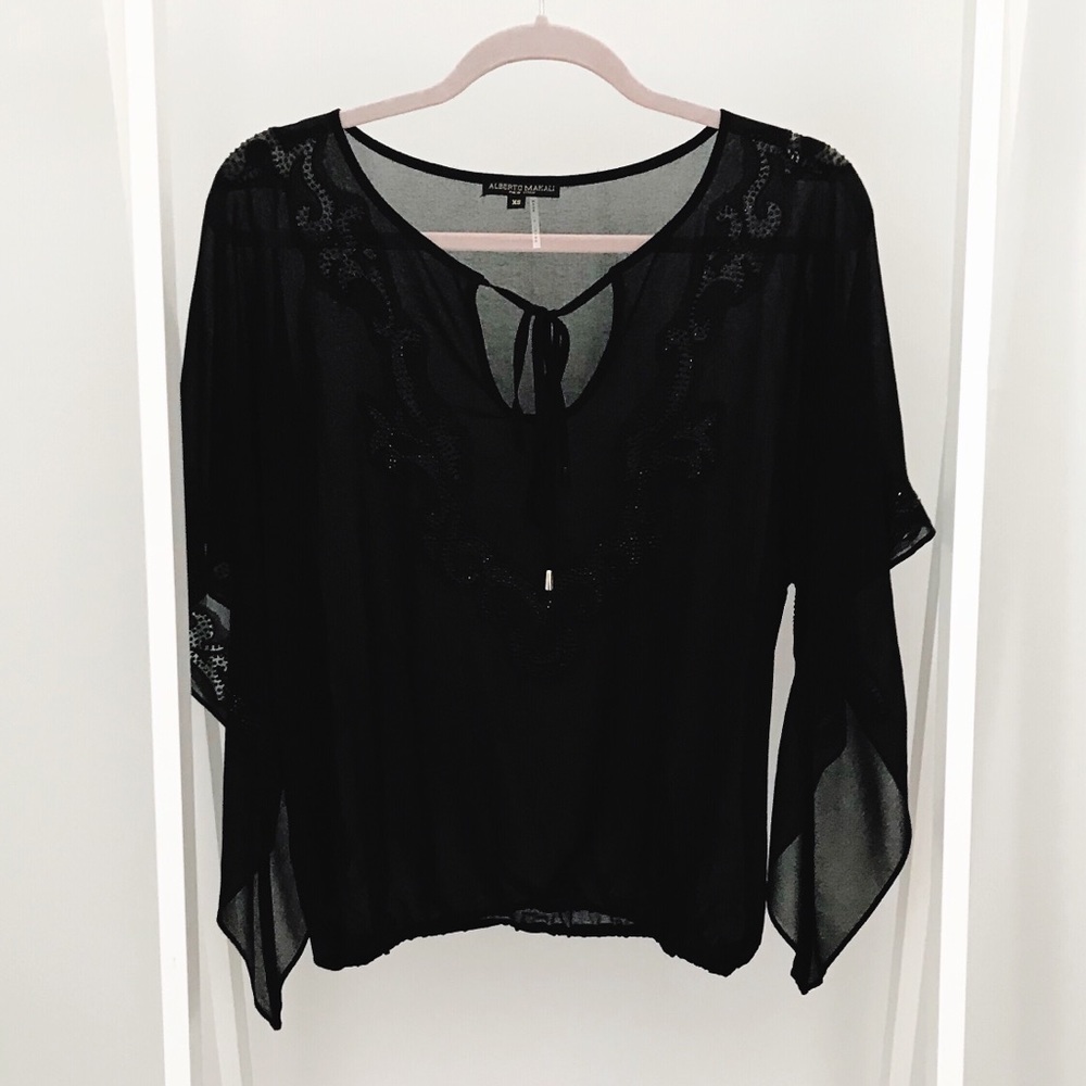 Sheer Beaded Blouse With Flutter Sleeves